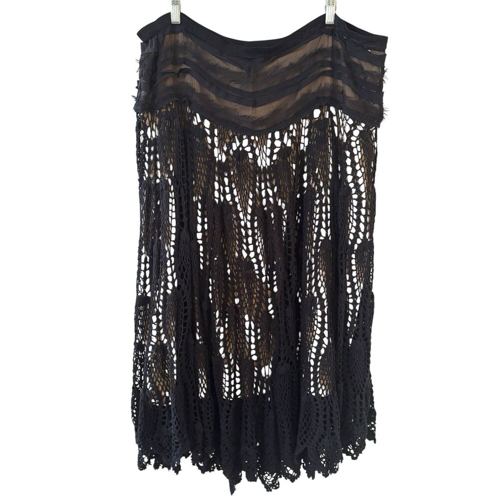 Vtg Pyramid Collection Womens Skirt Whimsigoth Size Large Black Crochet Festival